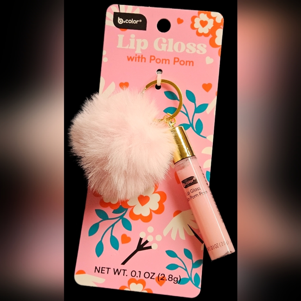 NWT POMPOM PUFF LIP GLOSS KEY CHAIN: LIGHT PINK!